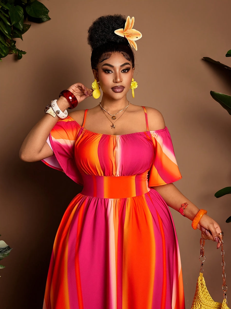 Plus Size Women'S Printed New Spring Summer Off-Shoulder Long Dress - Red