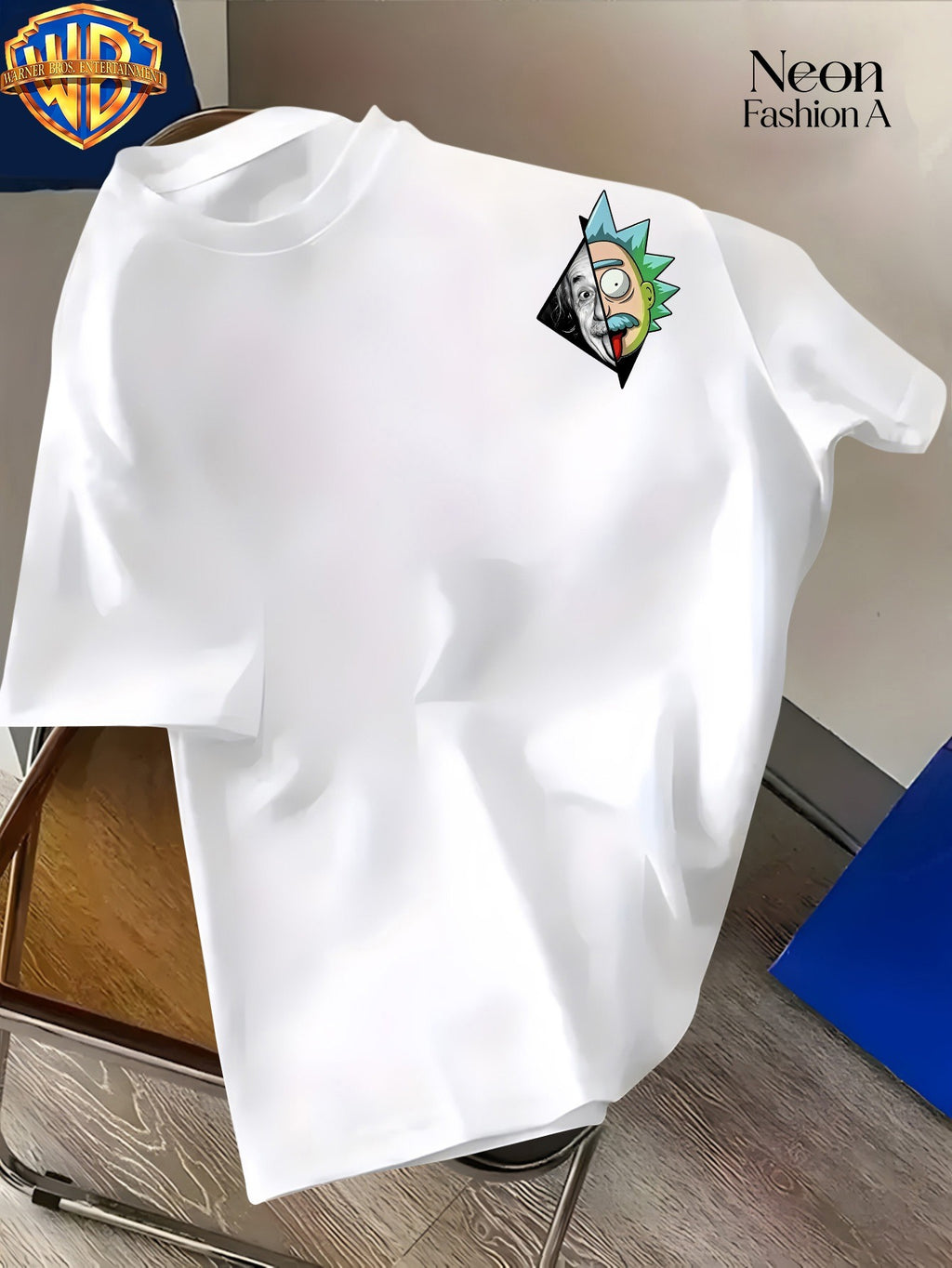 Warner Licensed Unisex Short Sleeve T-Shirt Casual Commute Shopping Classic Science And Anime Creative Patchwork Artistic Print Round Neck Pullover Summer Comfortable Breathable Trendy Top - White