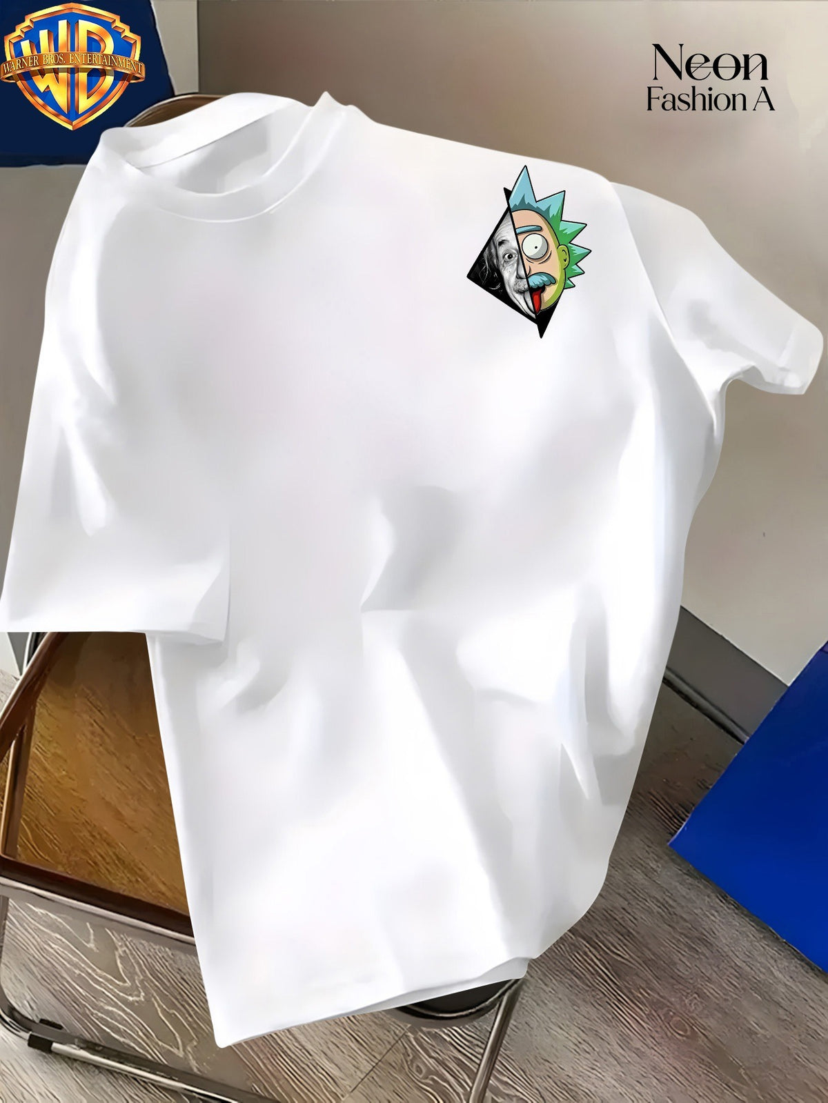 Warner Licensed Unisex Short Sleeve T-Shirt Casual Commute Shopping Classic Science And Anime Creative Patchwork Artistic Print Round Neck Pullover Summer Comfortable Breathable Trendy Top - White