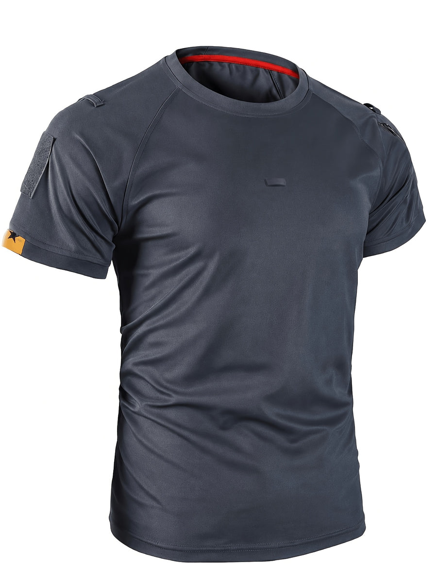 1pc Men'S Round Neck T-Shirt Outdoor Casual Quick-Dry Short Sleeve Top with Pocket And Hook-And-Loop Closure Breathable T-Shirt for Camping Hiking Fishing Running Sports Shirt, Additions Not Included - Grey