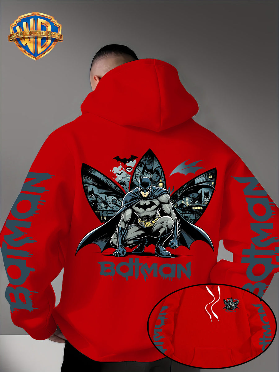 Warner Bros. Official 1pc Men's Hooded Long-Sleeve Sweatshirt - Batman Gotham Night Scene Multi-Panel Print + BATMAN Drip Graffiti Letter Creative Graphic Print, Letter Print on Both Sleeves, Cool DC Superhero IP Graphic Hoodie, Skin-Friendly - Red
