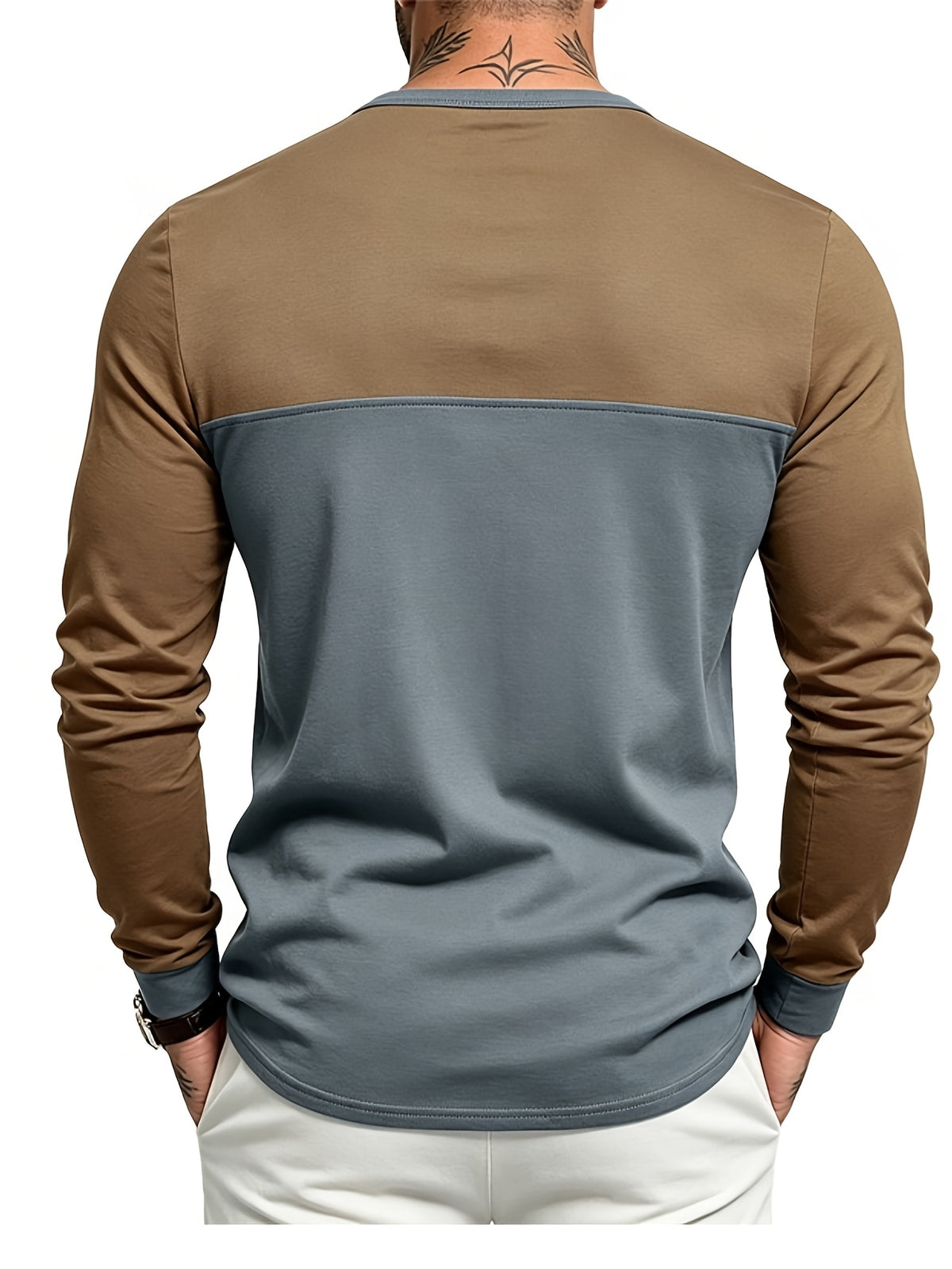 Men's Long Sleeve Henley T Shirt, Color Block Button Placket Pullover Top Loose Fit Casual Tee, Workout Sports Daily Commute Fall Mens Clothing - Brown on top and gray on top