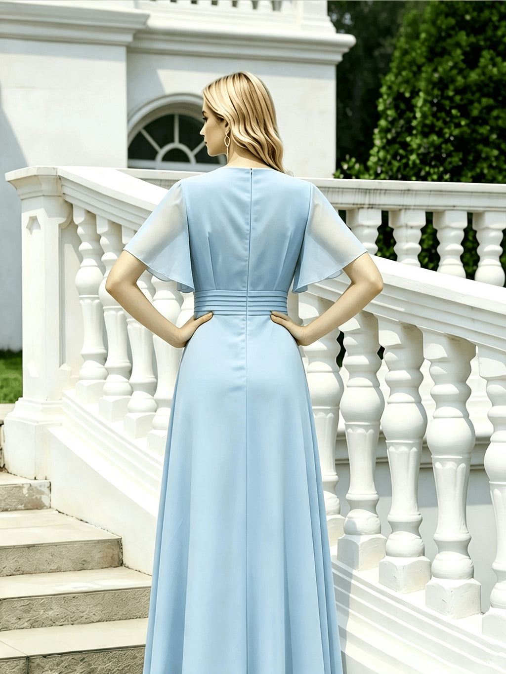 Light Blue Chiffon Maxi Dress - V-Neck Flutter Sleeve -Line Beach Dress with Voluminous, Semi-Sheer Suitable for Weddings, Photo Shoots, Poolside & Seaside Vacations, Machine Washable Elegant Dress - Light Blue