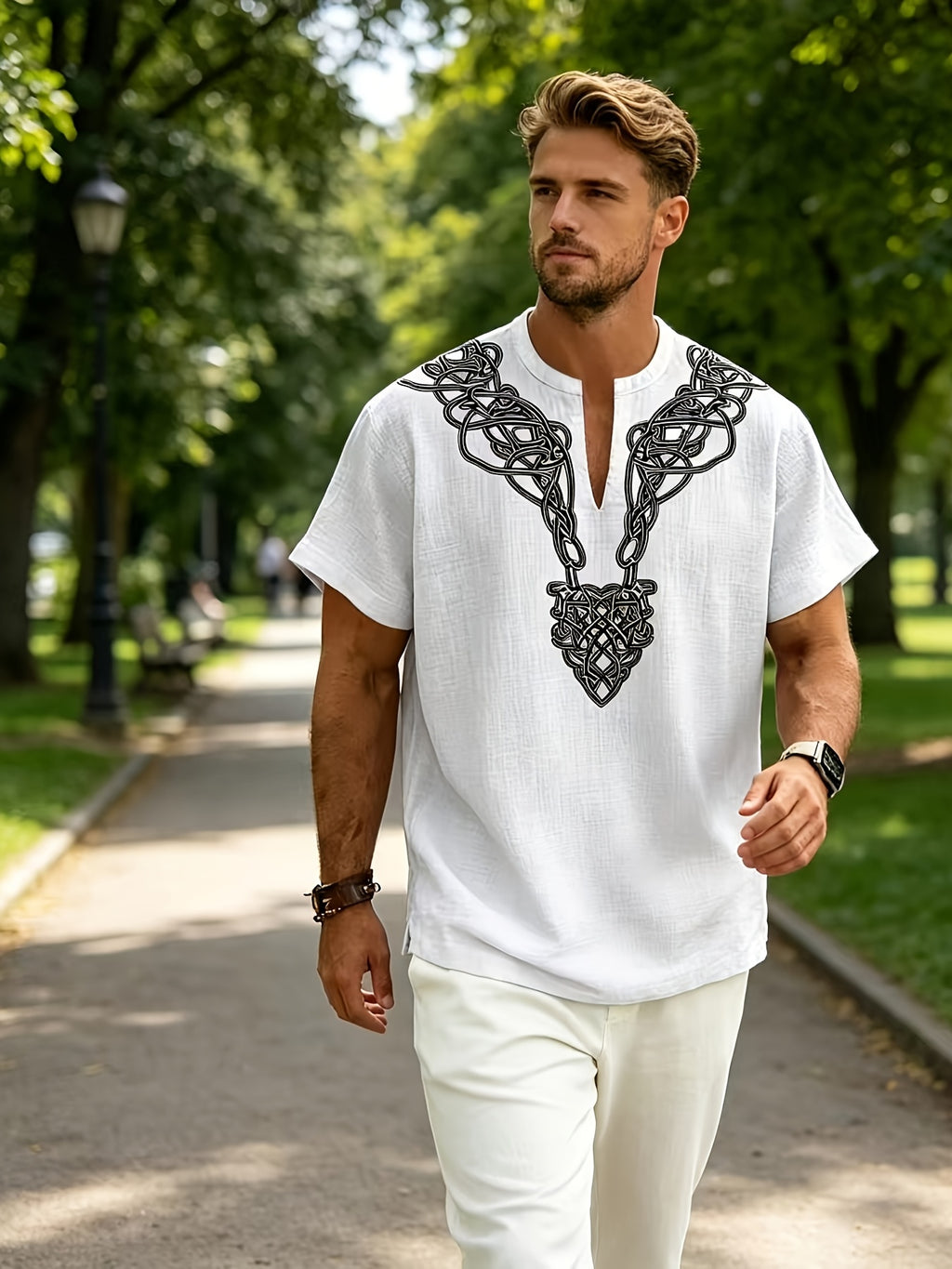 2026 New American Summer Men'S Lightweight Bamboo Rayon Rayon Braid Loose Rune Print V-Neck Casual Short Sleeve - White