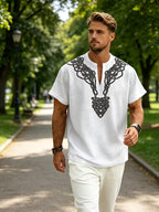 2026 New American Summer Men'S Lightweight Bamboo Rayon Rayon Braid Loose Rune Print V-Neck Casual Short Sleeve - White