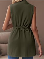 New Women'S Spring And Autumn Casual Elegant Crisp Version with Drawstring at The Waist, No Buttons, Sleeveless Trench Coat - Green
