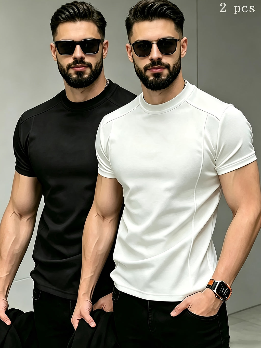 Men'S Casual T-Shirt American Summer Fashion Deconstructed Inner Short Sleeve Solid Color Regular Shoulder Casual Wear Comfortable 2pcs Set in Stock - Black+White