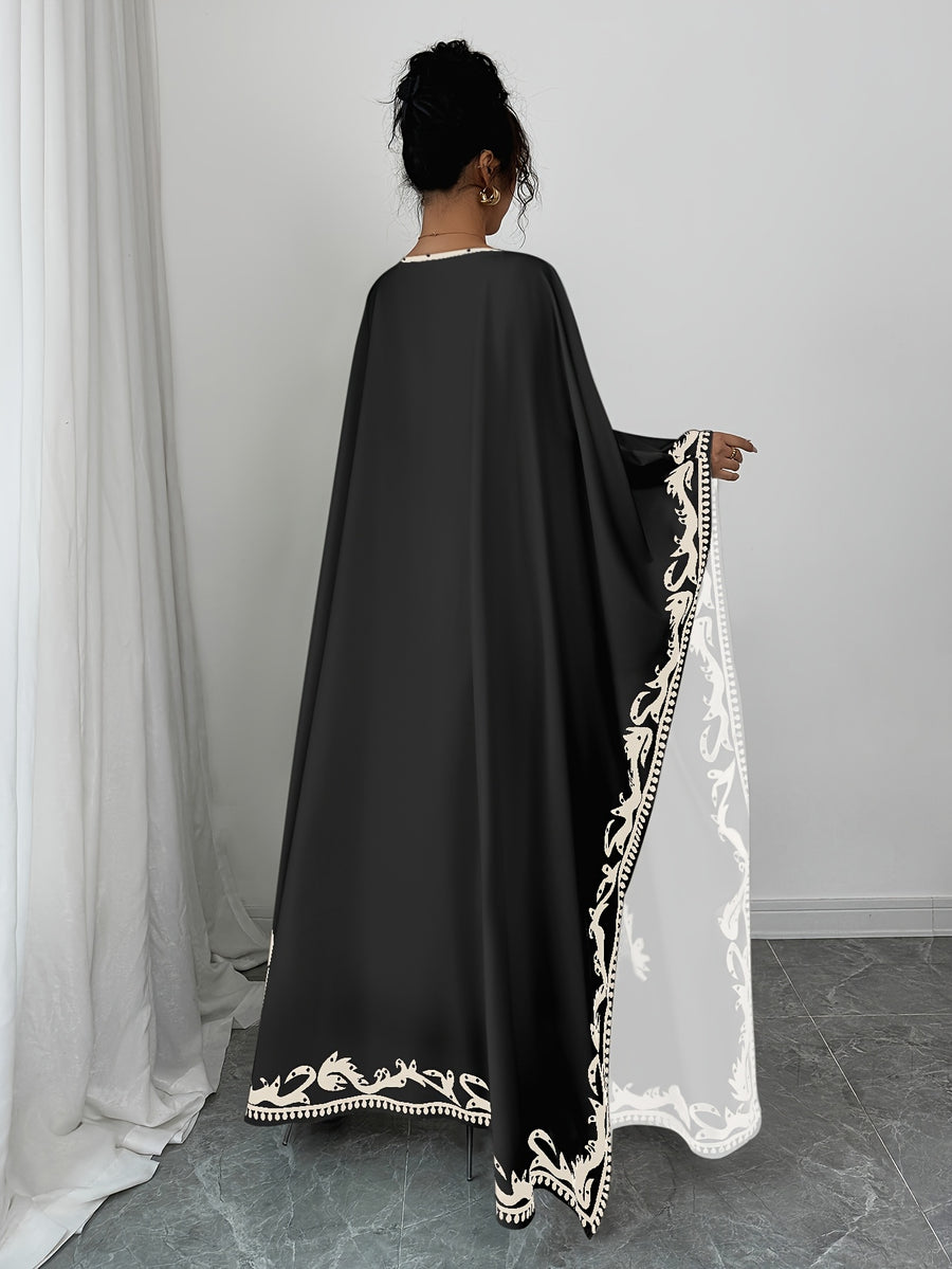 Casual Women's Middle Eastern Ethnic Print Loose Robe - Black