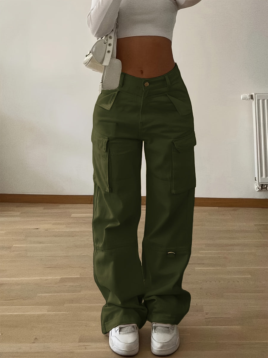 Designer Cargo Pants with Flap Pockets, Women's Elegant Casual Solid-color Trousers, Women's Pants - Olive Green