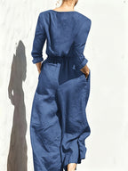Summer New Fashion Casual Double Pocket Women's Jumpsuit with Button Detail for Vacation - Blue