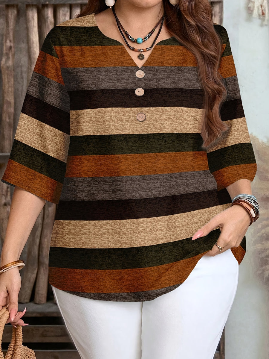 Women's Elegant Striped Print Shirt with Three-Button V-Neck Pullover, Spring/Summer Casual Loose Blouse Top - Orange-Red