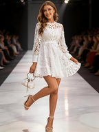 Wedding Guest Dress Women'S New Easy Solid Color Lace Elegant Short Sleeve Dress Bridesmaid Dress - Milky