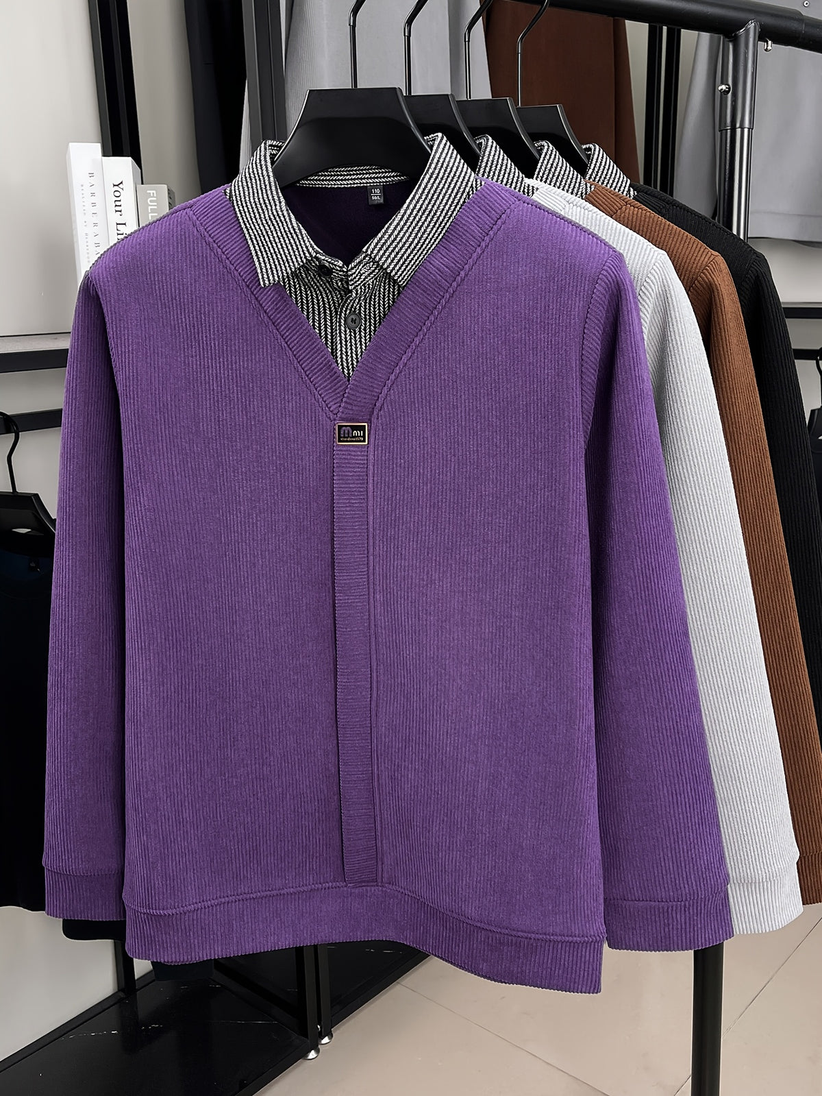 Men's Thick Warm Sweater Suitable for Winter - V-Neck Square Collar Knit Pullover with Color-Blocking Collar, Base Layer Sweater for Layering, Machine Washable Casual Warm Sweaters for Office & Casual Attire (Regular Fit) - Violet