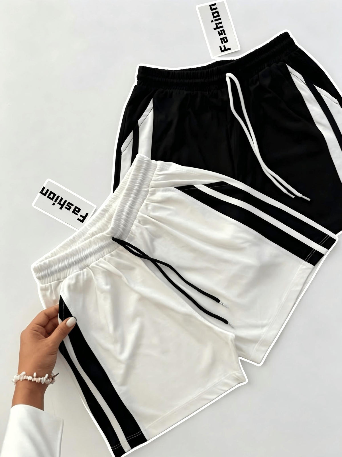 Women's Fashion Casual Shorts 2pcs Set - Black White