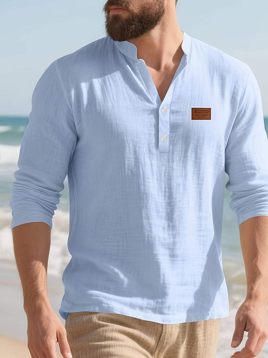 2026 Cross-border American Loose Fit Linen Henley Shirt, All Season Solid Color Breathable Stand Collar Long Sleeve T Shirts for Men Casual Daily Tops - Light Blue