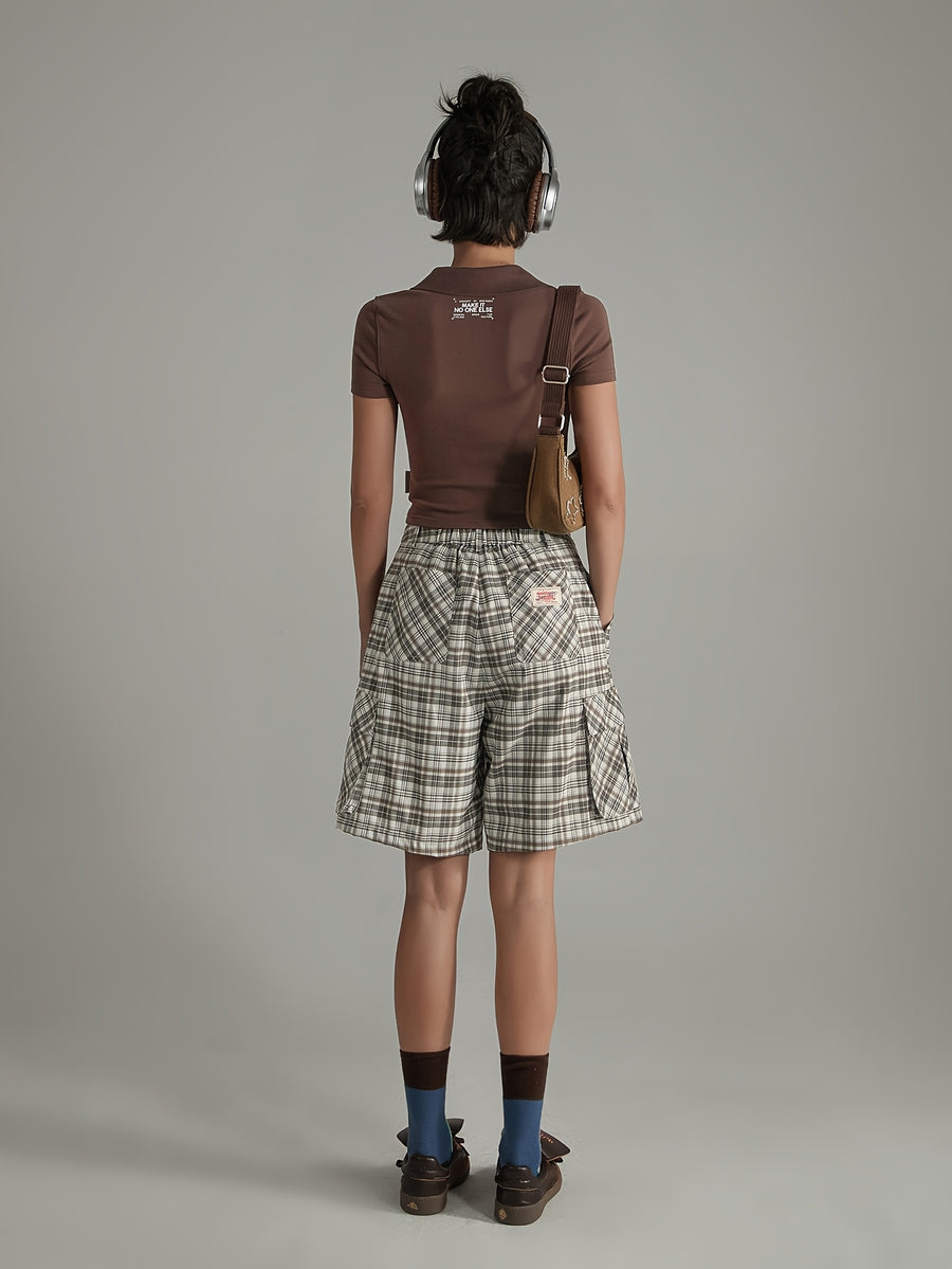 NO ONE ELSE Vintage Plaid Casual Pants for Women, Summer Academic Style Wide-Leg Cargo Shorts - Khaki plaid pattern