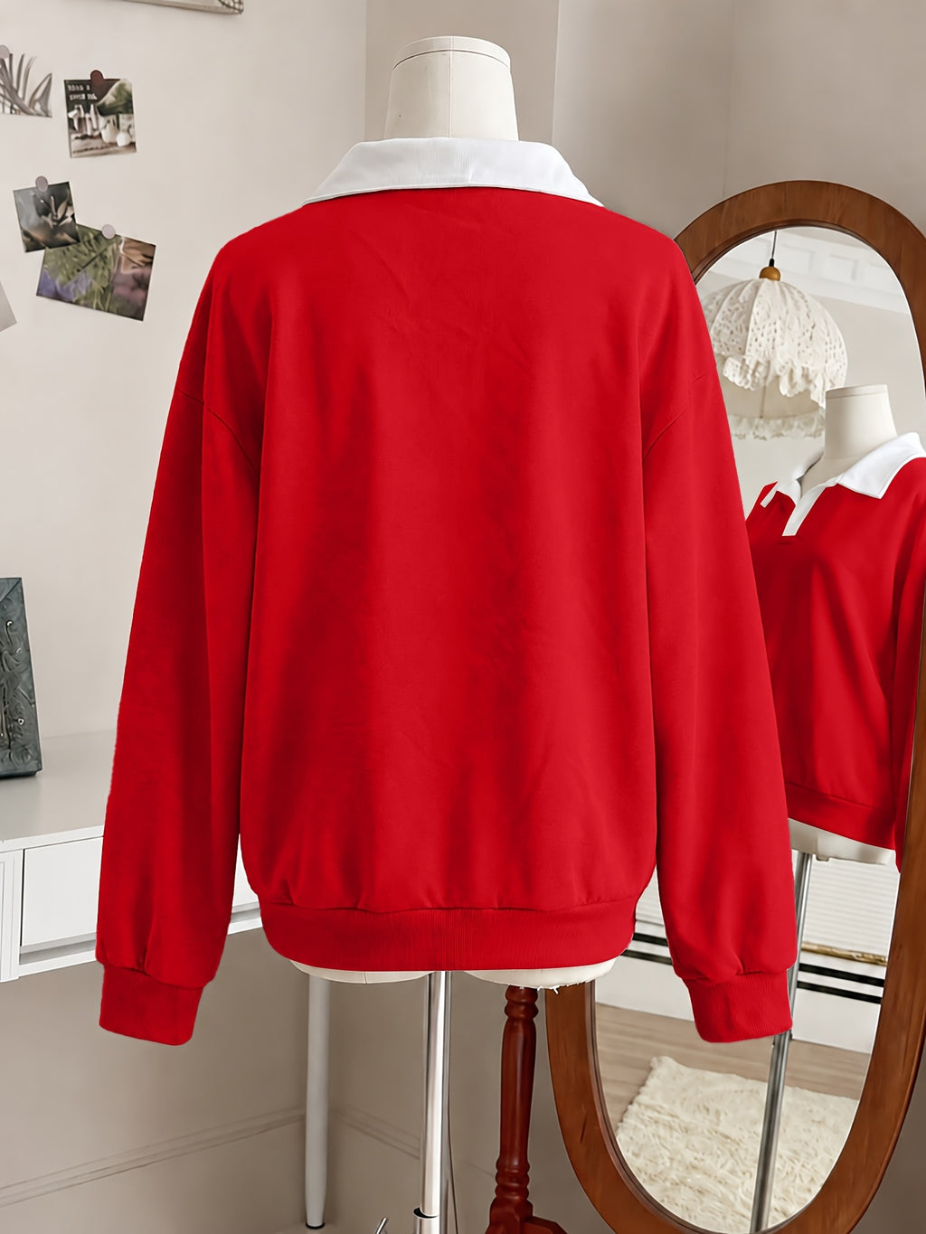 New Arrival with Atmospheric Vibe! V-neck Spliced 2-in-1 Look Polo Collar Casual Sweatshirt, Soft, Skin-Friendly, Loose Fit. Perfect for Street Strolling, Shopping, Dates, and Minimalist Commuting - A Versatile Must-Have Piece - Red And White