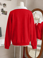 New Arrival with Atmospheric Vibe! V-neck Spliced 2-in-1 Look Polo Collar Casual Sweatshirt, Soft, Skin-Friendly, Loose Fit. Perfect for Street Strolling, Shopping, Dates, and Minimalist Commuting - A Versatile Must-Have Piece - Red And White