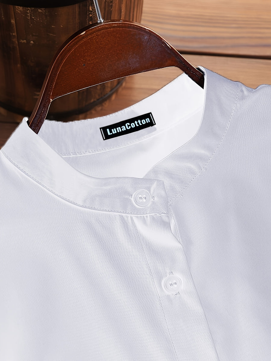 Women'S Elegant Retro Style Easy Stand-Up Collar Mid-Length Side-Slit Design Literary Full Daily Wear Shirt - White
