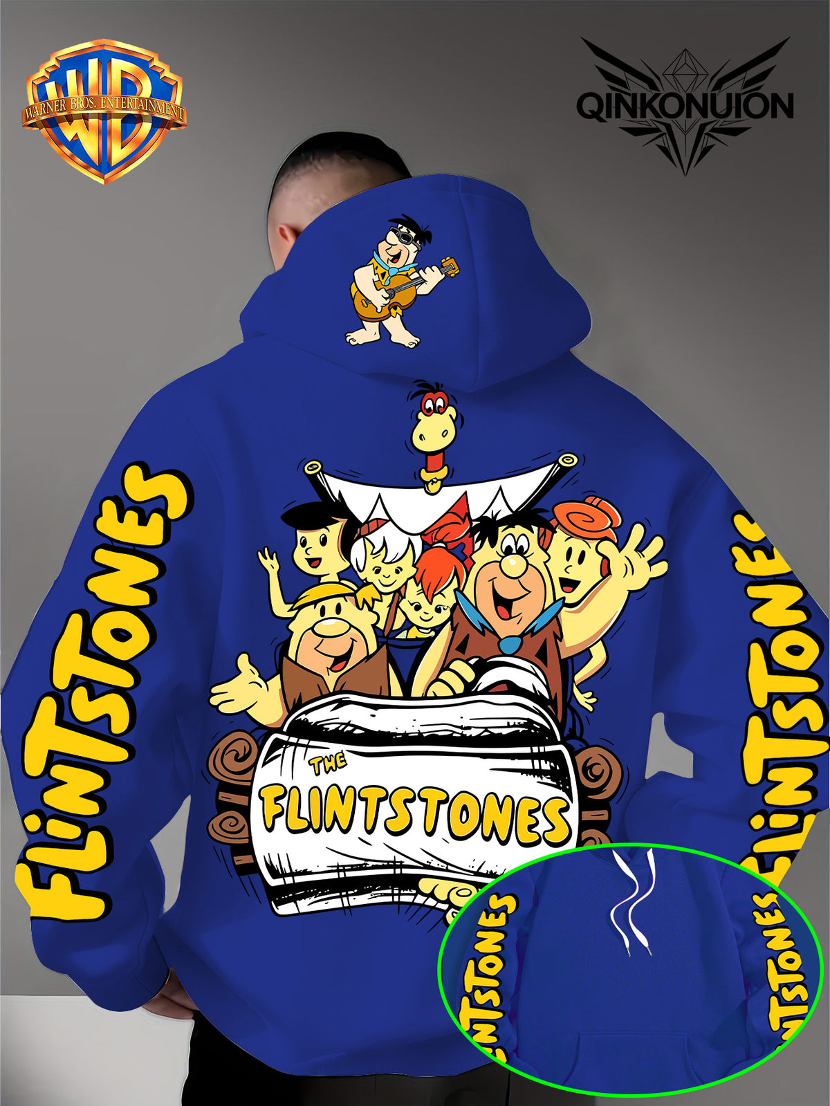 Warner Official Men's Hoodie, Stone Age Family Travel Happy Nostalgic Print Design, Machine Washable, Warm and Casual for Autumn and Winter Daily Drawstring Hoodie, Multi Functional Sports and Leisure Loose Fit - Blue