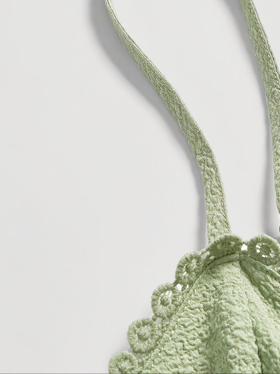 Elegant V-neck Lace-Trimmed Strap Dress | Solid Color, Contrast Lace Details, Suitable for Spring/Summer/Fall, for Adults - Green
