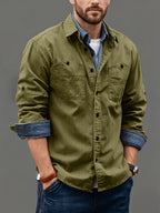 Early Autumn OOTD Retro Workwear Style | Men'S Long Sleeve Lapel Shirt for Spring Autumn, Trendy Layering Casual Shirt Jacket Top - fern green