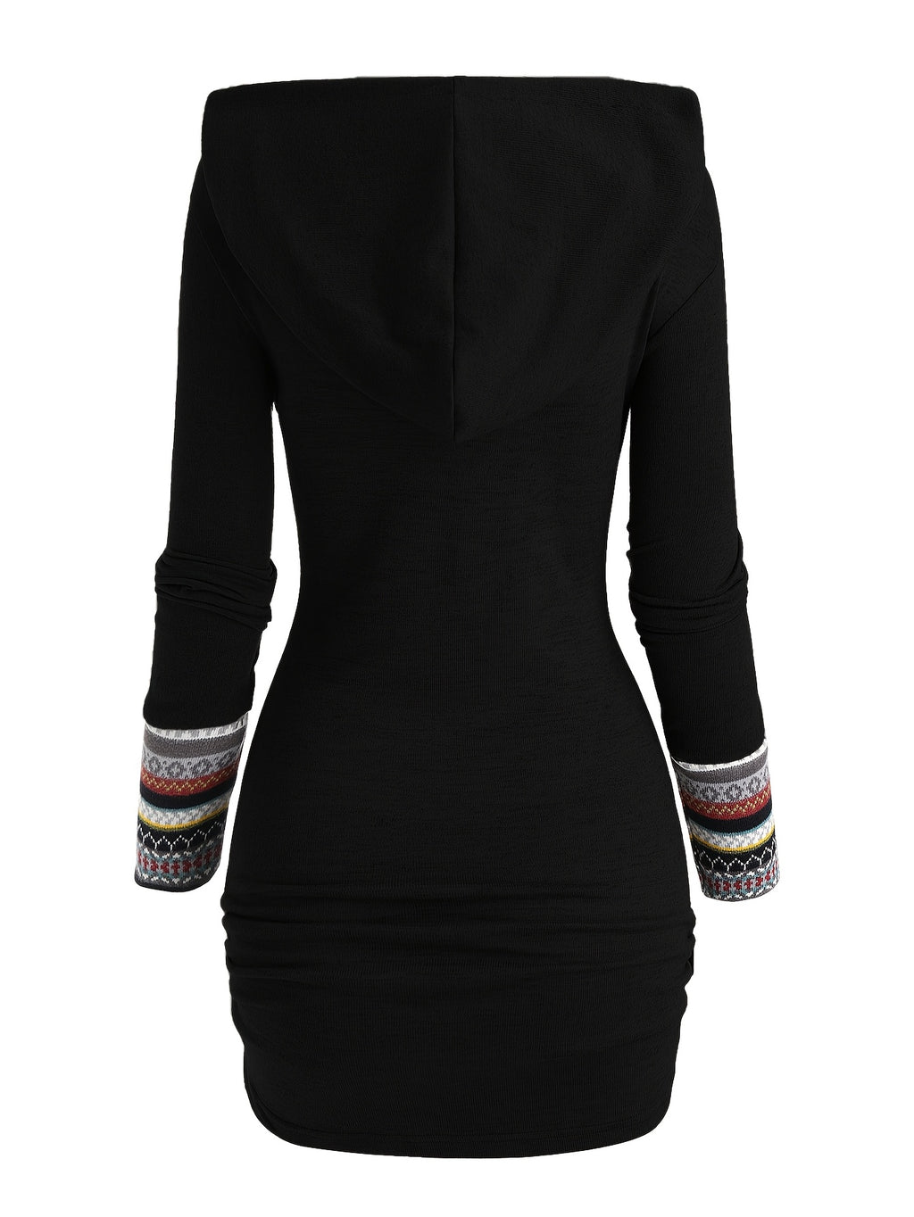 European And American Fashion Women'S Ethnic Style Geometric Striped Patchwork Hooded Long-Sleeve Fitted Dress - Black