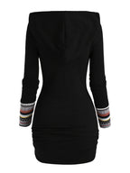 European And American Fashion Women'S Ethnic Style Geometric Striped Patchwork Hooded Long-Sleeve Fitted Dress - Black