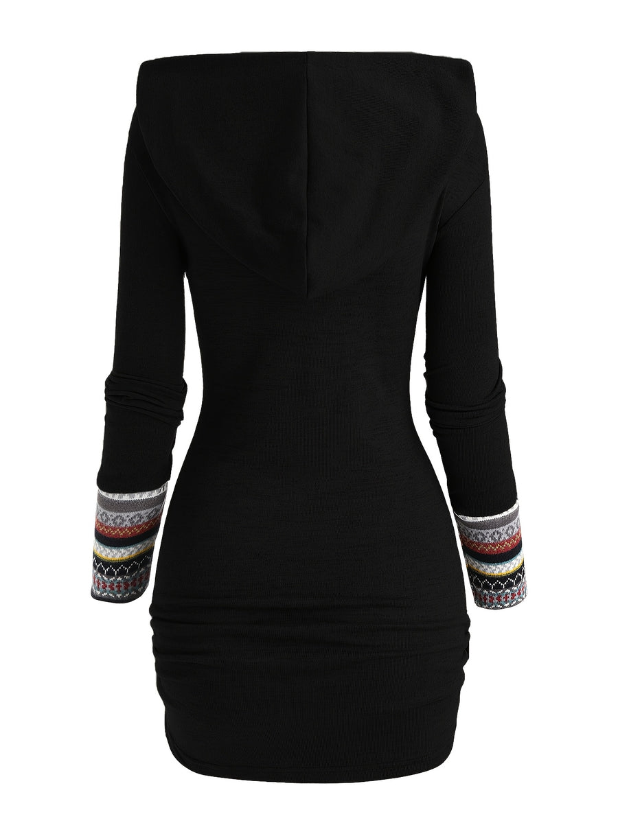 European And American Fashion Women'S Ethnic Style Geometric Striped Patchwork Hooded Long-Sleeve Fitted Dress - Black