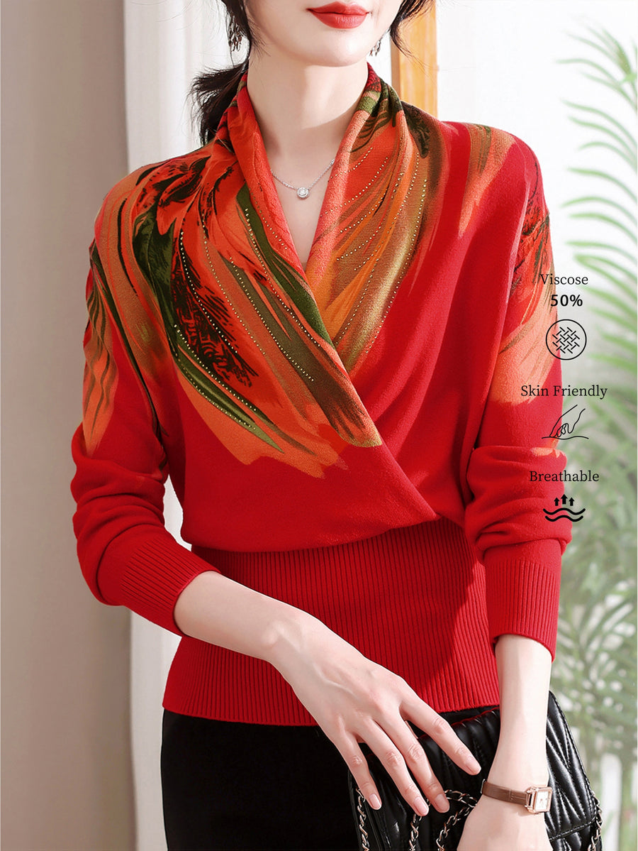Spring/Autumn Women's Top, Mom Style New Year Spring Fashion Printed Long Sleeve Sweater for Middle-Aged and Elderly Women, Elegant Base Layer Pullover, 2026 New Model, Comfortable and Youthful, Versatile Women's Apparel for Daily Wear, Home, Outings - Red