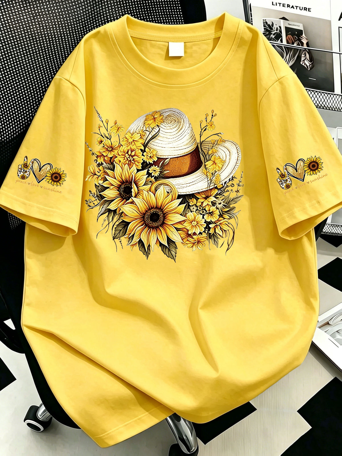 Plus Size, Plus-size Sunflower Print Round-neck Women's Casual Short-sleeve T-shirt, Suitable for Summer Vacations, Casual and Comfortable - Yellow