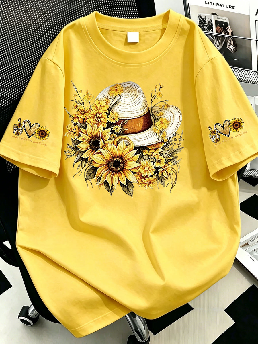 Plus Size, Plus-size Sunflower Print Round-neck Women's Casual Short-sleeve T-shirt, Suitable for Summer Vacations, Casual and Comfortable - Yellow