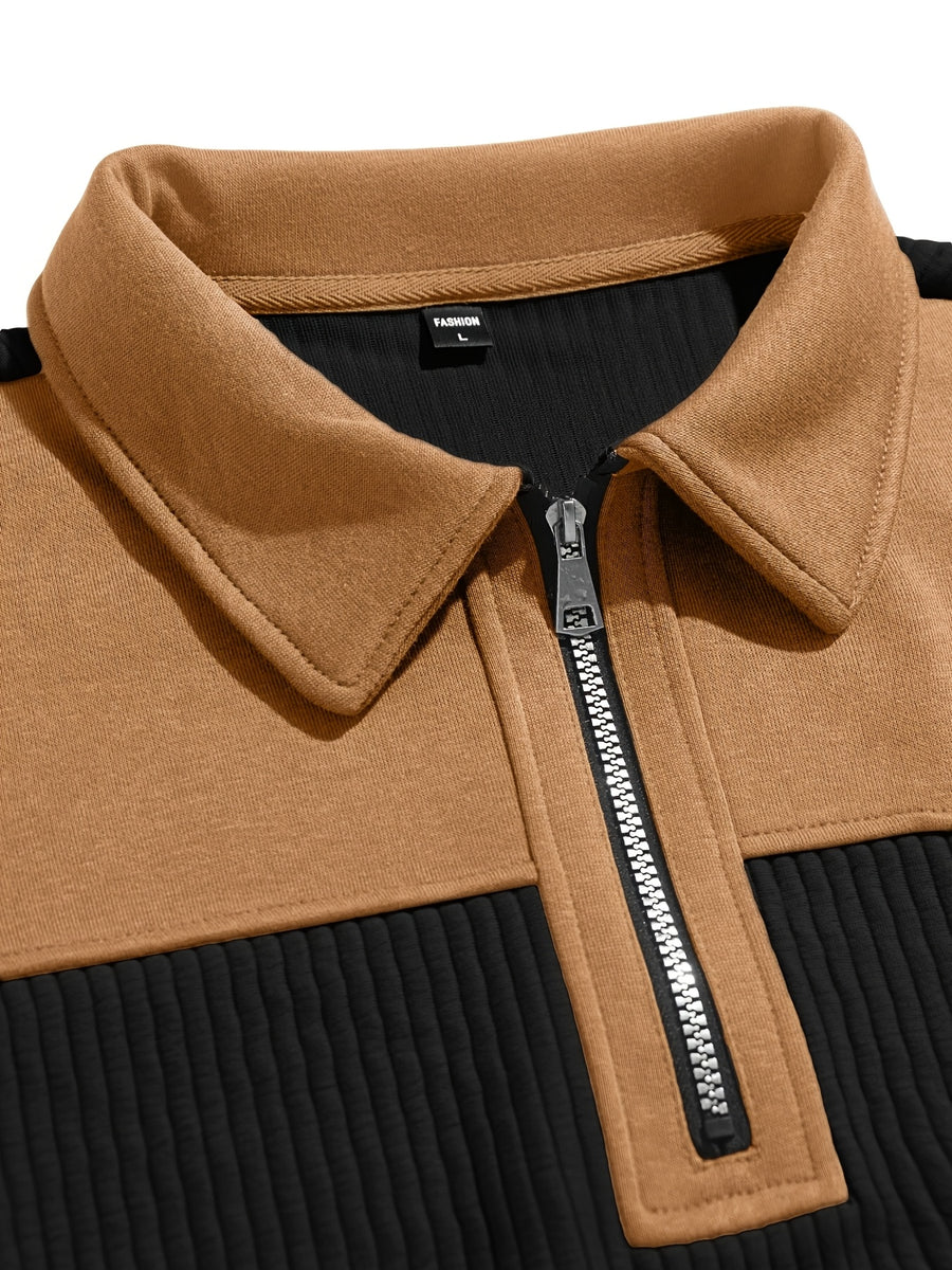 Light Luxury Color-Block Patchwork Half-Zip Lapel Sweater, Men'S Pinstripe Stretch Long Sleeve Casual Commuter Top - Black