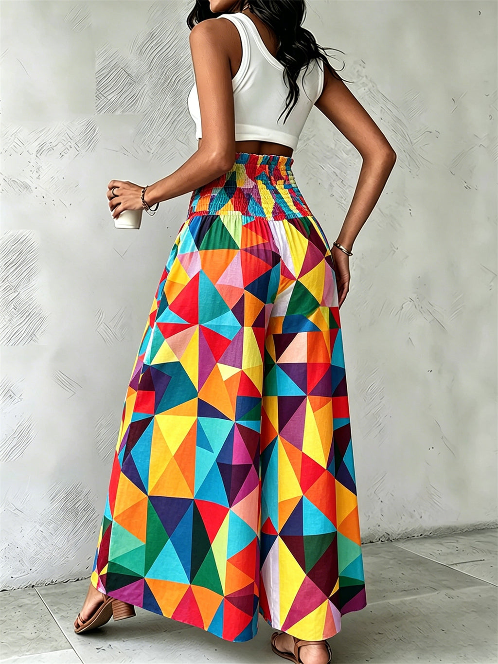 Women'S Floral Print Wide-Leg Pants High-Waist Ruched Waist Bohemian Style Long Trousers Flowy Vacation Pants - Mixed Color 1