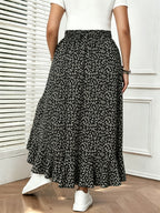 French-Style Floral Print Flowy Half-Skirt, High-Waisted Irregular Ruffle Hem Maxi Skirt - Black small floral