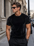 Men's Black Velvet Crew Neck Short Sleeve T-Shirt, Light Luxury Glossy Slim Fit High-End Casual Top - Black