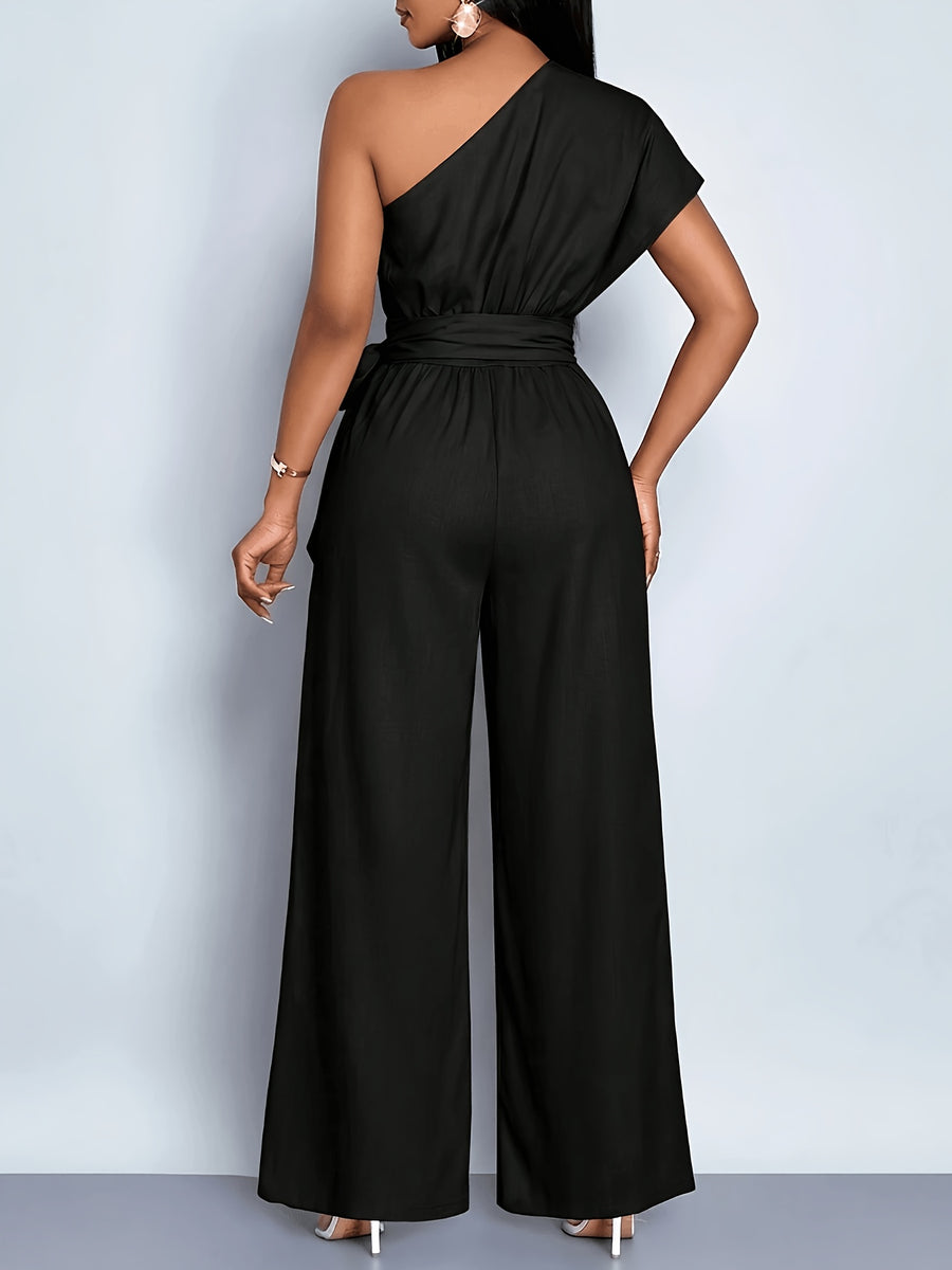 Women'S Summer Commute Fashionable Elegant Daytime Outing Casual Easy Solid Color Asymmetrical One-Shoulder Pleated Wide-Leg Jumpsuit, Suitable for Daily Wear, Dates, Parties, Vacation Outfits, All-Season Clothing, Women'S Office Attire - Black