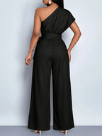 Women'S Summer Commute Fashionable Elegant Daytime Outing Casual Easy Solid Color Asymmetrical One-Shoulder Pleated Wide-Leg Jumpsuit, Suitable for Daily Wear, Dates, Parties, Vacation Outfits, All-Season Clothing, Women'S Office Attire - Black
