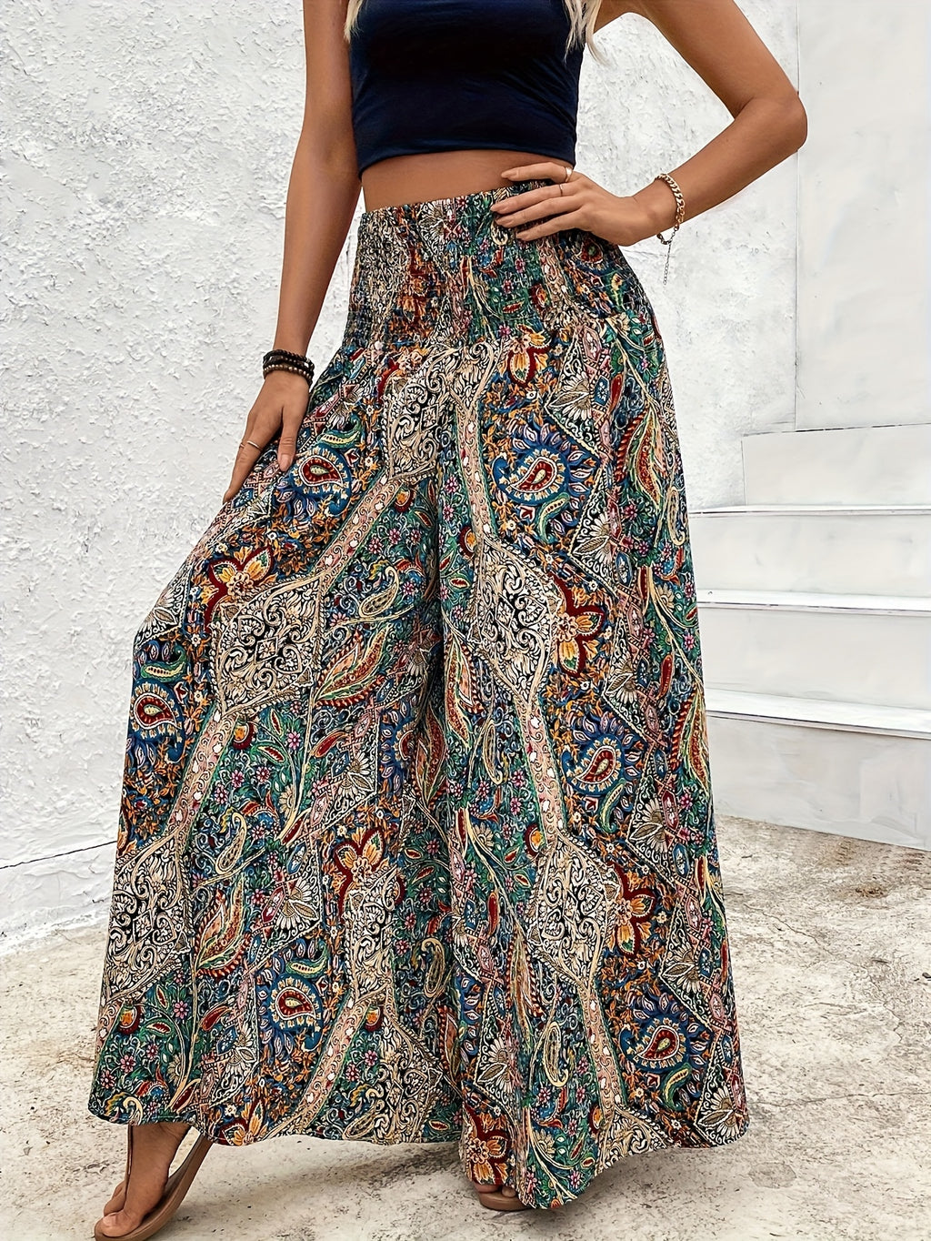 Directed Bohemian Paisley Elastic Waist Pants Skirt Casual Loose Wide Leg Pants - Mixed colors