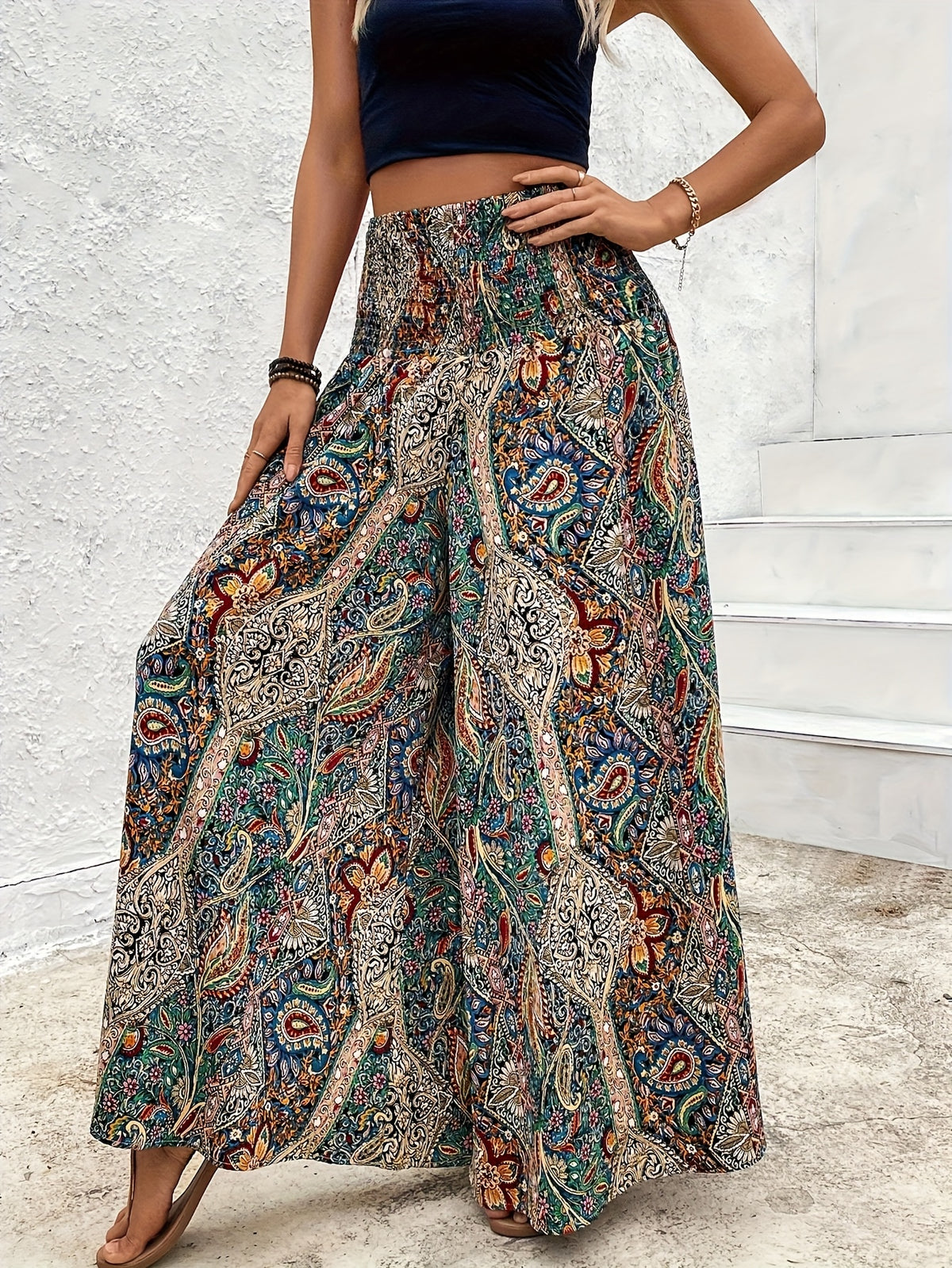 Directed Bohemian Paisley Elastic Waist Pants Skirt Casual Loose Wide Leg Pants - Mixed colors