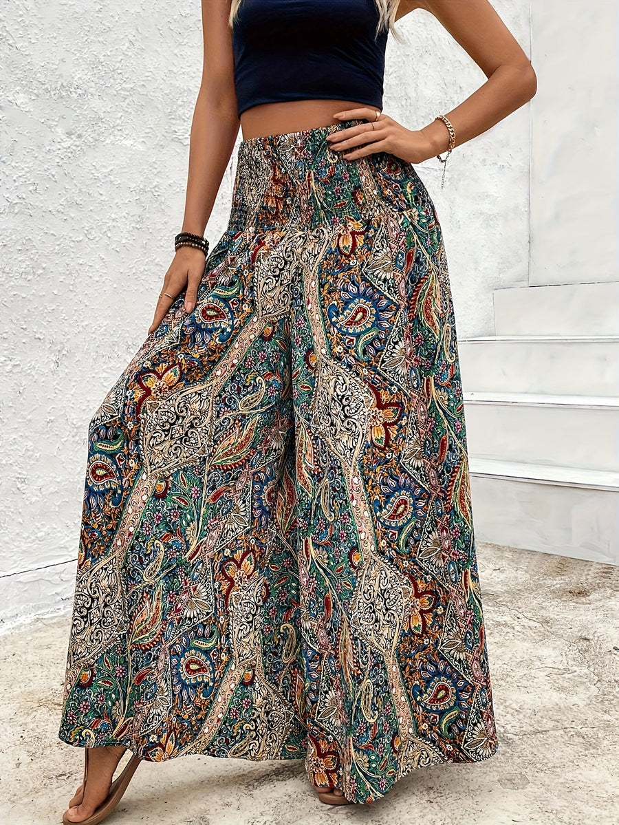 Directed Bohemian Paisley Elastic Waist Pants Skirt Casual Loose Wide Leg Pants - Mixed colors