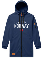 Men'S Long Hooded Trench Coat with Full Zipper, Featuring NORWAY Themed Letters, Mountain And Flag Prints, Side Arm Zip Pockets, And a Leather Label at The Hem - Navy Color