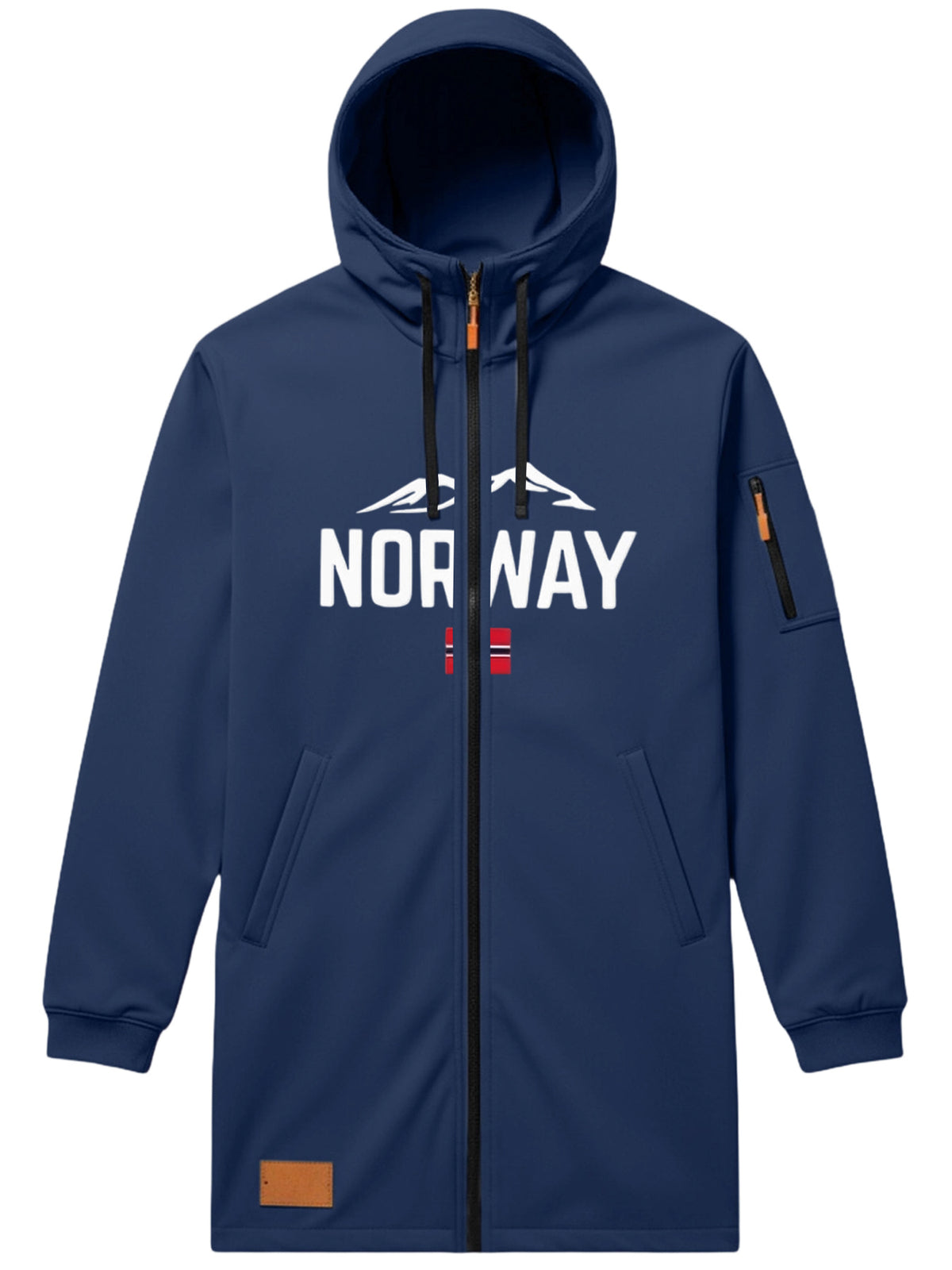 Men'S Long Hooded Trench Coat with Full Zipper, Featuring NORWAY Themed Letters, Mountain And Flag Prints, Side Arm Zip Pockets, And a Leather Label at The Hem - Navy Color
