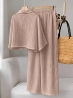 Plus Size, Plus Size - New Spring/Summer Solid Color Wrinkled Short Lapel Shirt and Elastic Waist Wide-Leg Pants 2pcs Set - Casual Loungewear Vacation Outfit - Apricot