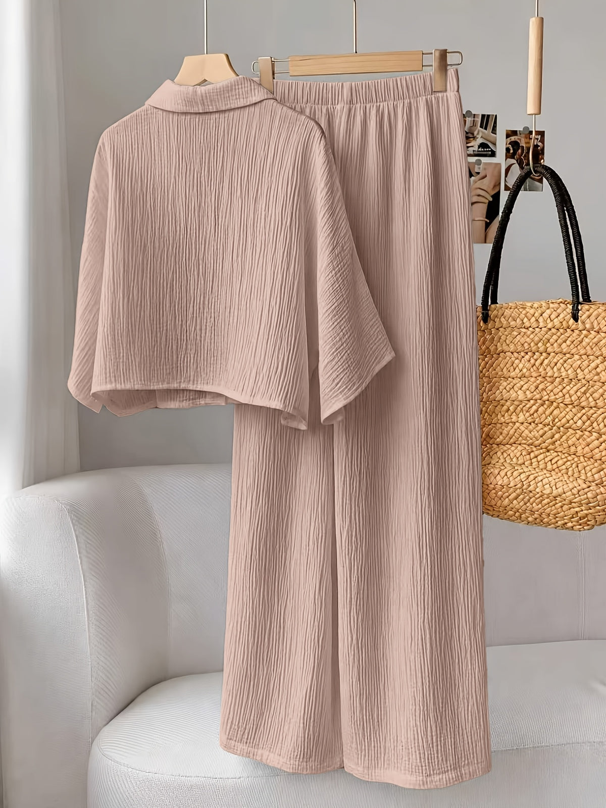 Plus Size, Plus Size - New Spring/Summer Solid Color Wrinkled Short Lapel Shirt and Elastic Waist Wide-Leg Pants 2pcs Set - Casual Loungewear Vacation Outfit - Apricot