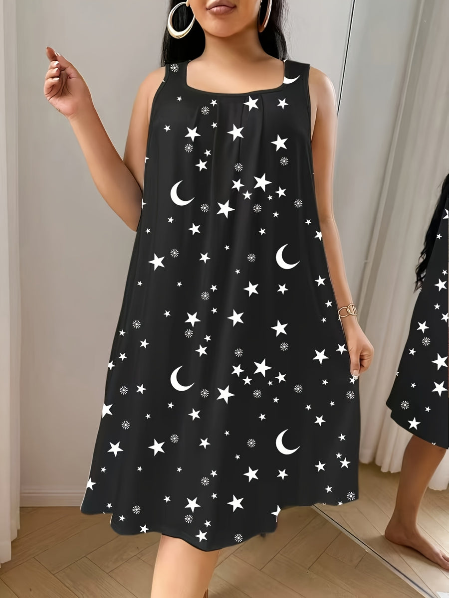 Women'S Plus Size Sleeveless Vest Dress with Star And Moon All-Over Print, Spring Summer Style, Very Comfortable Home Wear - Black+White