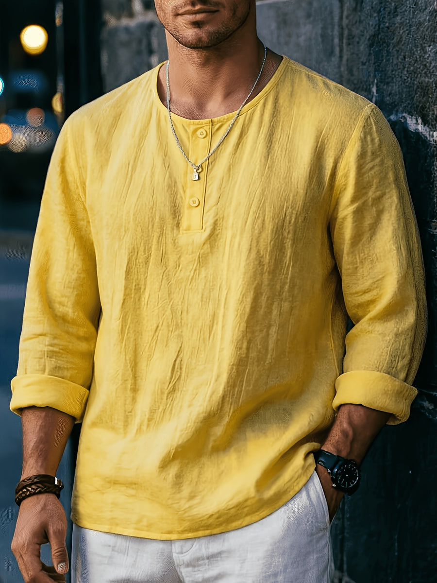 Men's Summer Linen Long Sleeve Shirt, Breathable Round Neck, Loose Fit. Suitable for Daily Casual, Beach Vacation or Yoga Sports, Also a Great Valentine's Day Gift for Him. - Yellow