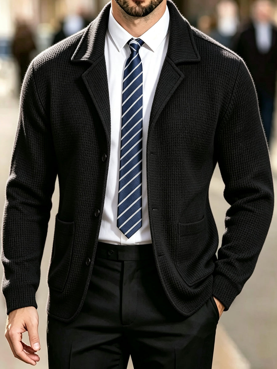 Men'S Spring Autumn New Waffle Check Blazer Collar Cardigan Single Button Double Pocket Business Casual All-Match Long Sleeve Knit Jacket, Soft Comfortable Fashion Solid Color Outerwear Suitable for Daily Outings, Dates, Holidays, And Travel - Black