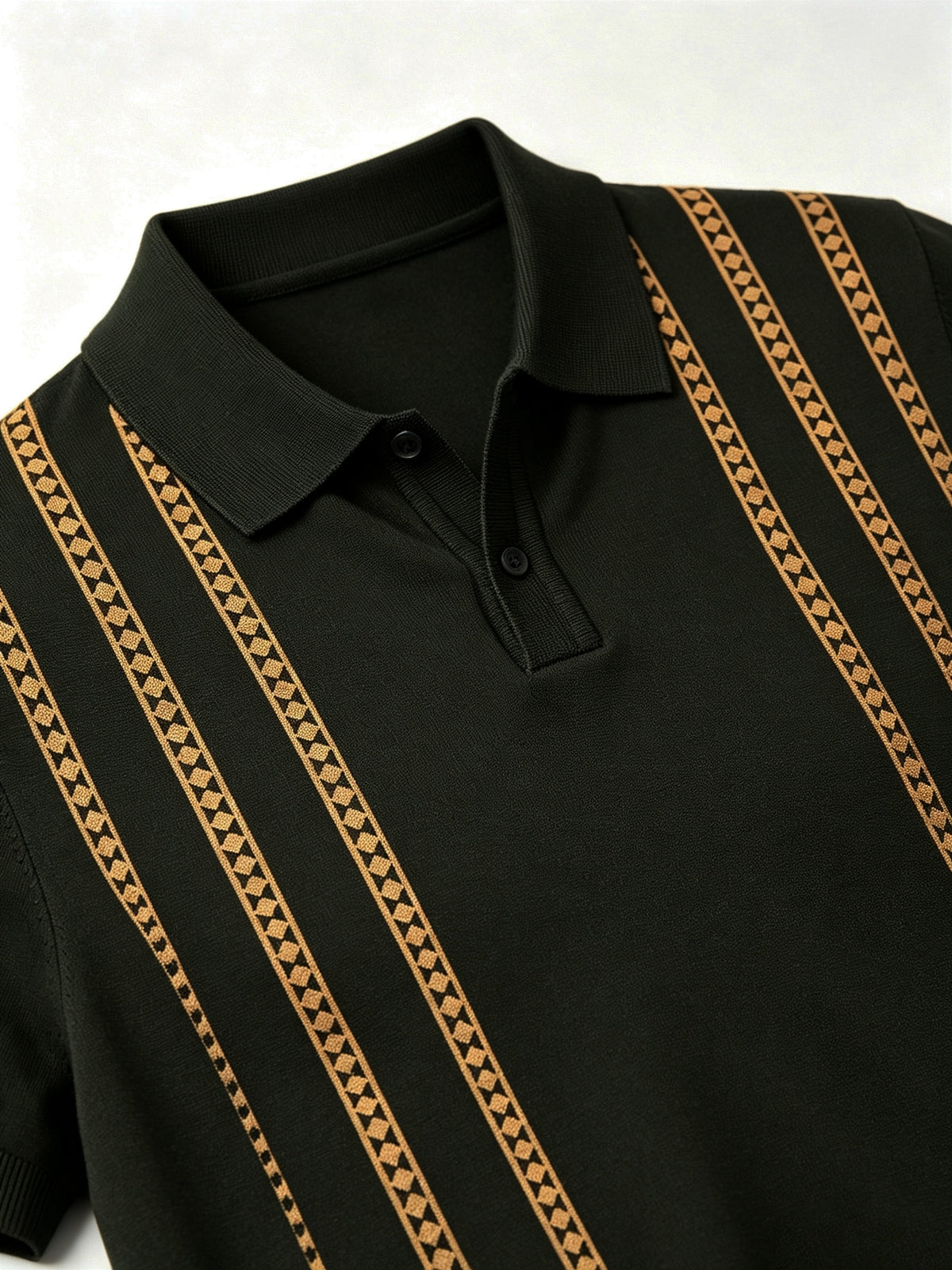 Luxury Fine Vertical Jacquard Pattern Collared Knit Polo for Men, Breathable Soft Short Sleeve Slim Blouse, Comfort Casual Top for Daily Street Weekend Hangout - Black