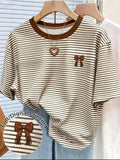 Brown And White Striped Women'S Printed Round Neck Short-Sleeved T-Shirt Style Women'S Top, Round Neck, Slim Fit, Fashionable And Versatile - Mixed colors